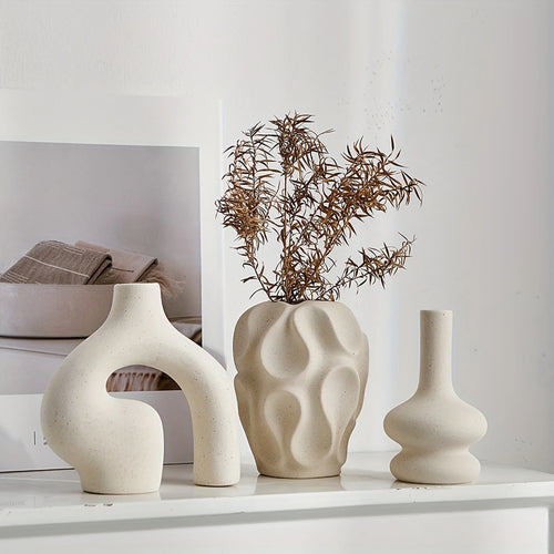 3-Piece Boho Ceramic Vase Set – Modern Donut & Geometric Decorative Vases