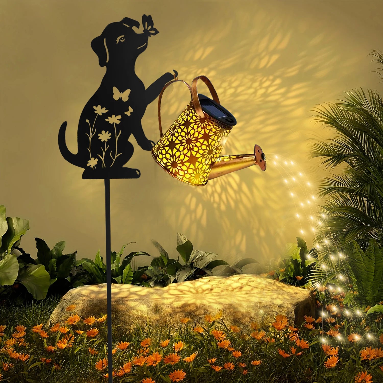 Solar Watering Can Garden Light – Cat/Dog Silhouette Hanging Outdoor Décor