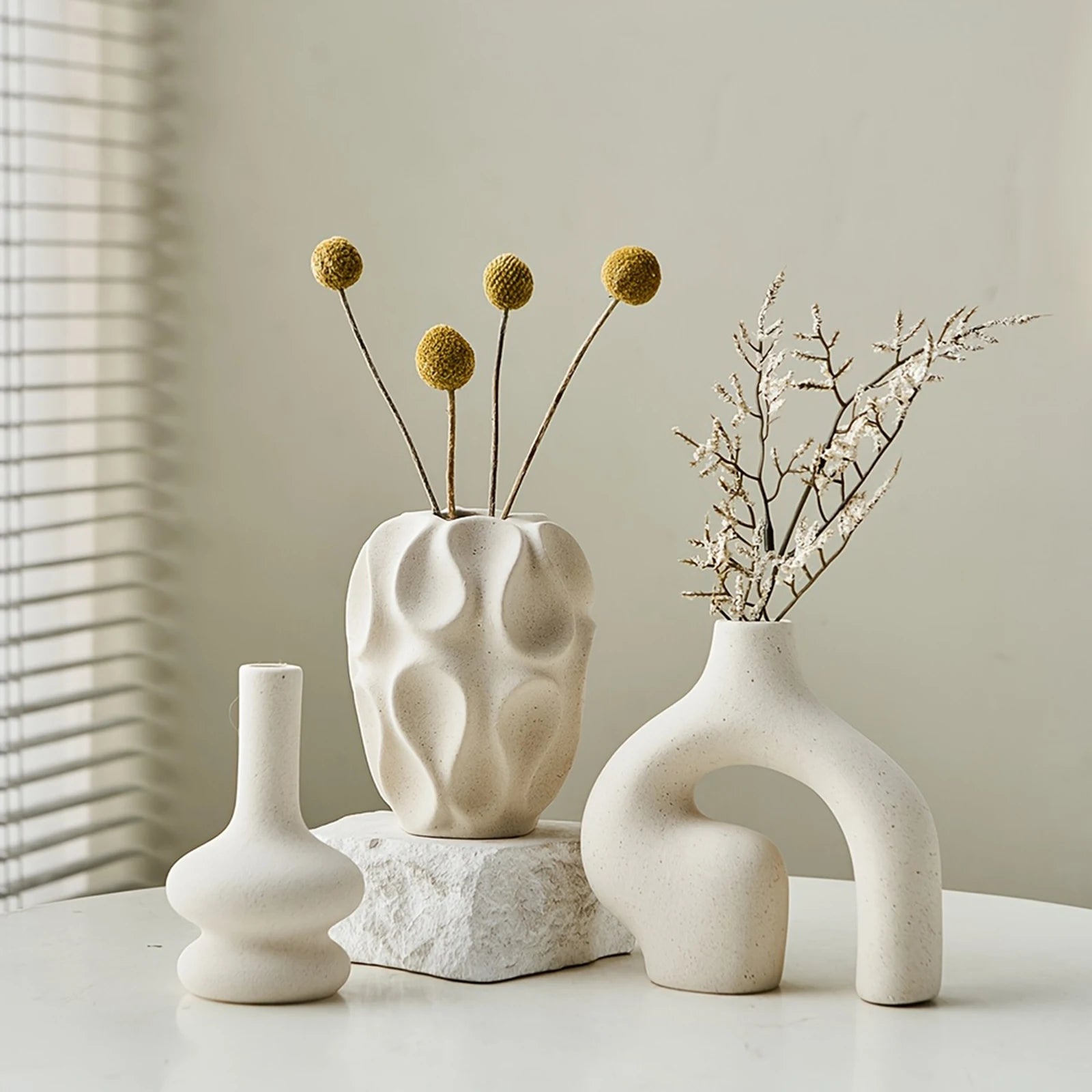 3-Piece Boho Ceramic Vase Set – Modern Donut & Geometric Decorative Vases