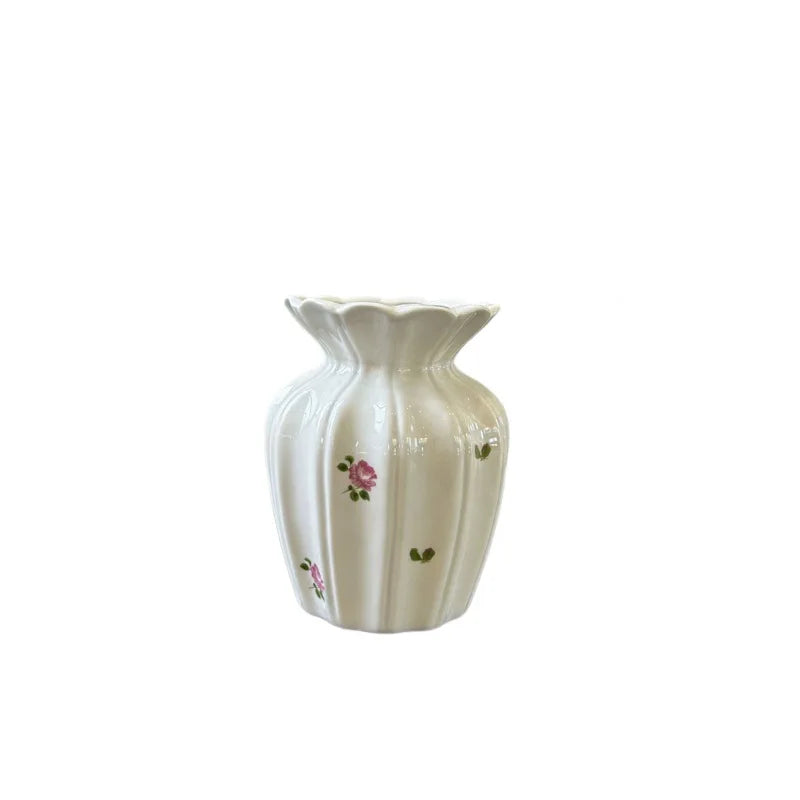 Vintage Pink Floral Ceramic Vase – Ribbed Fluted Flower Vase for Elegant Home Decor
