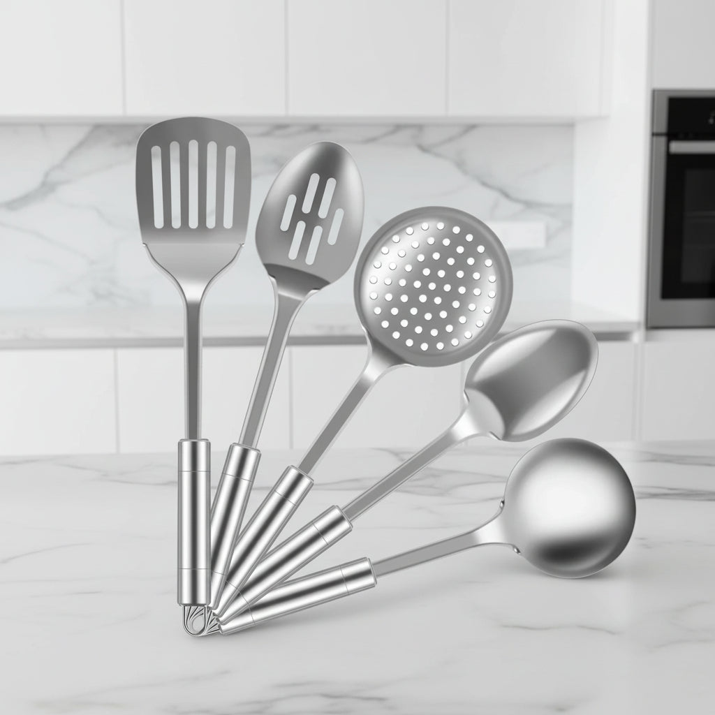 5-Piece Stainless Steel Kitchen Utensil Set – Heavy-Duty Cooking Spoons & Spatulas with Ergonomic Handles