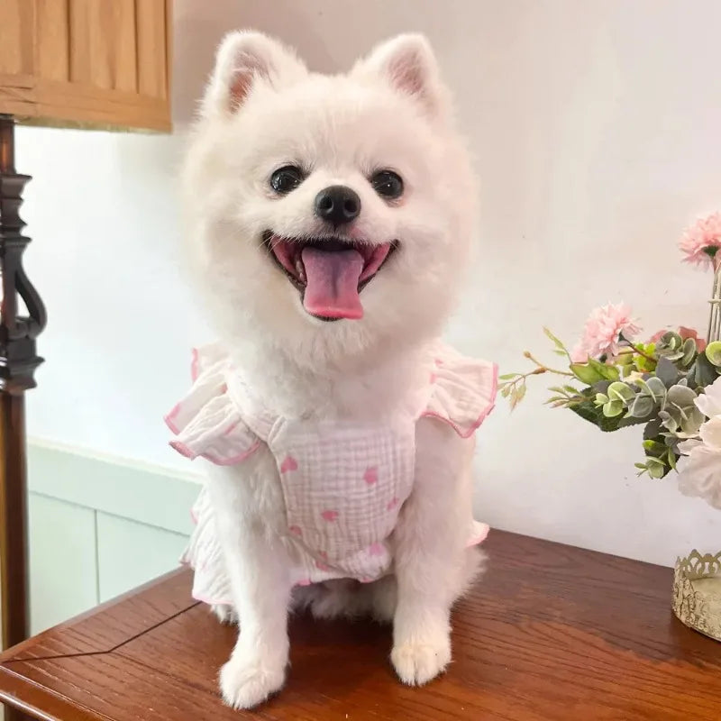 Heart Print Dog Dress with Bow – Cute Summer Princess Outfit for Small Dogs & Cats
