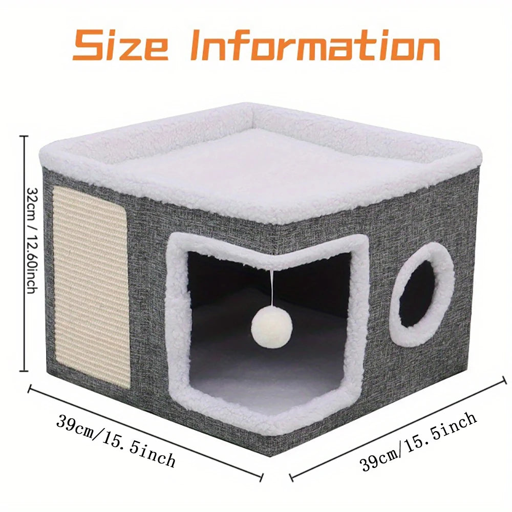 4-Season Multi-Level Cat House – Foldable Cat Cave Bed with Scratching Board