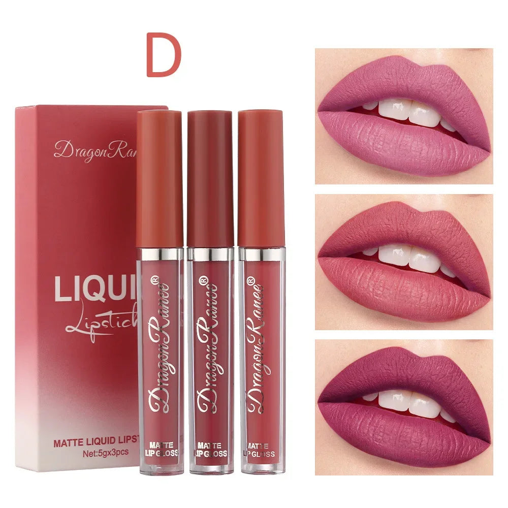 Coffret de 3 rouges à lèvres liquides – Maquillage longue tenue pour femmes | Cosmétiques coréens | Finition mate et imperméable | Couleur durable