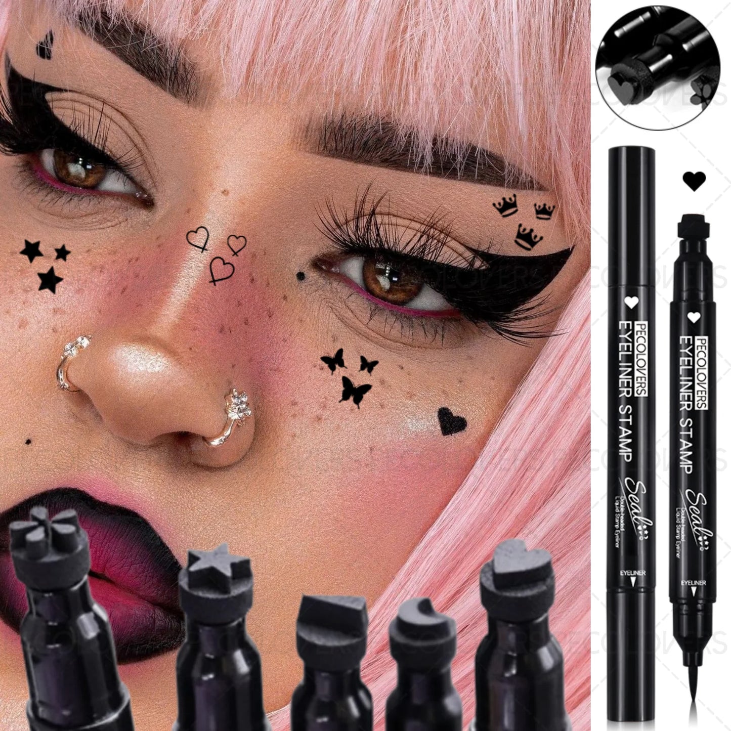 Eyeliner double embout 1 pc – motifs étoile, cœur, lune, waterproof, séchage rapide, adapté aux débutants et professionnels