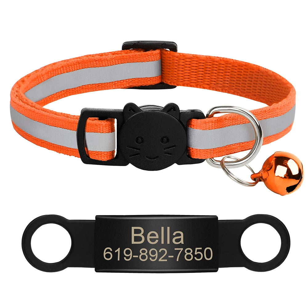 Personalized Reflective Cat Collar with Engraved ID Tag & Bell