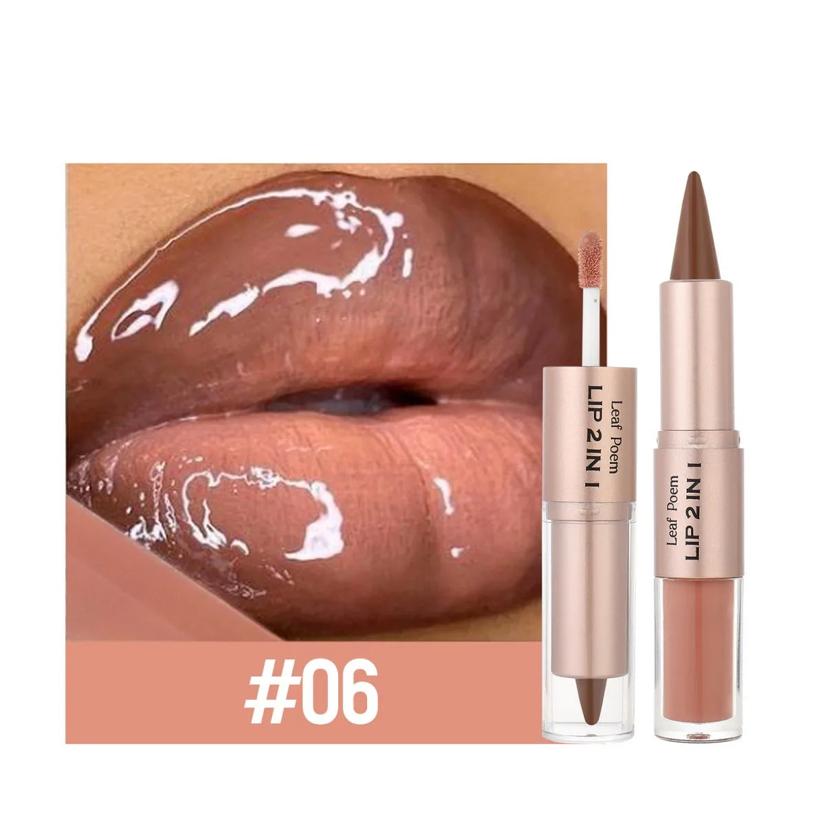 Crayon à Lèvres 2-en-1 à Pointe Effilée – Dégradé Nude Marron, Gloss Fini Miroir, Mat, Waterproof, Contour des Lèvres, Anti-Transfert