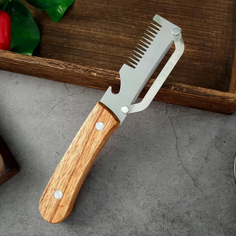 3-in-1 Stainless Steel Vegetable Peeler with Wooden Handle – Fruit & Potato Peeler with Built-In Bottle Opener