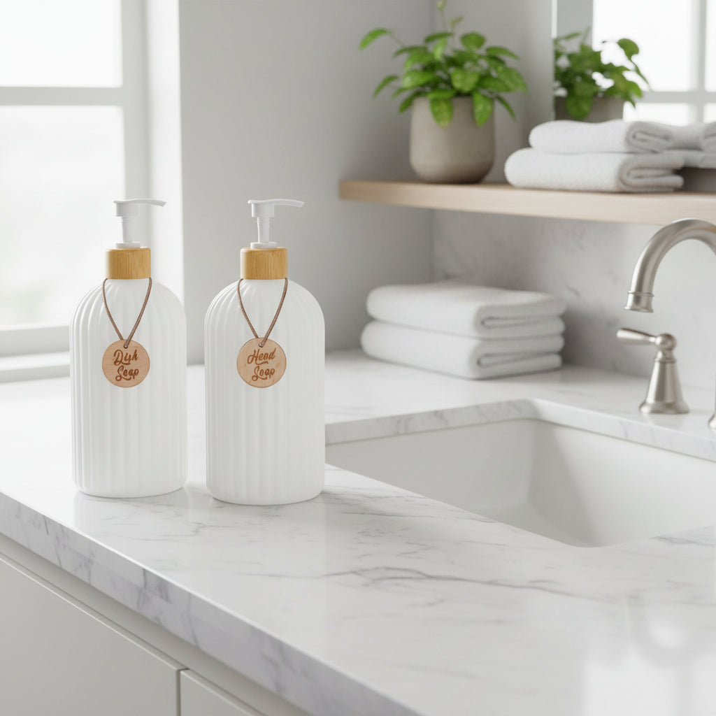 Striped Soap Dispenser with Bamboo Pump – Refillable Kitchen & Bathroom Bottle