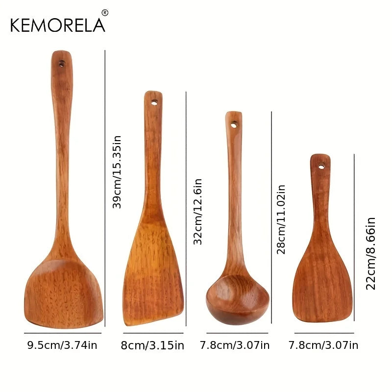 4-Piece Wooden Kitchen Utensil Set – Non-Stick Cooking Spatulas, Spoons & Food Shovels