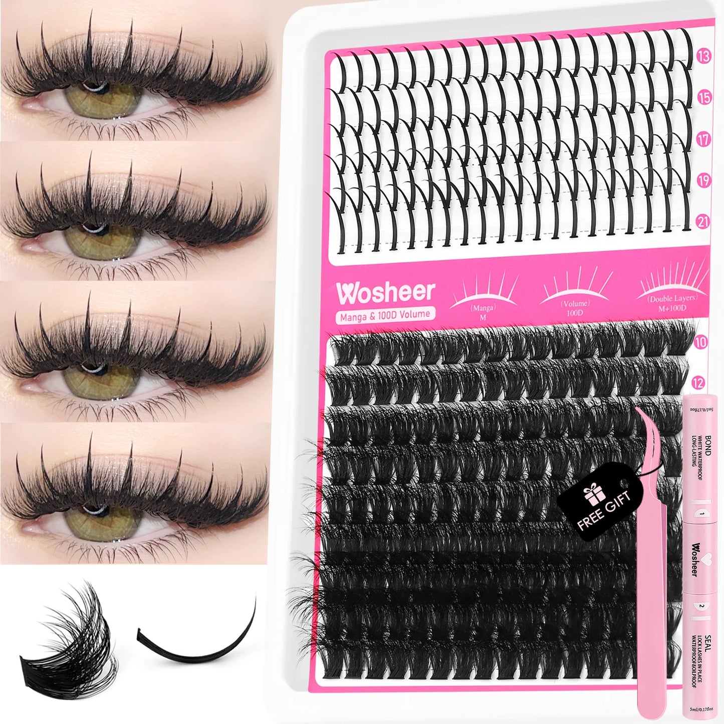 Kit de grappes de cils – Grappes de cils en pointe, volume, cils individuels, DIY – Extensions de cils style manga, effet piquant