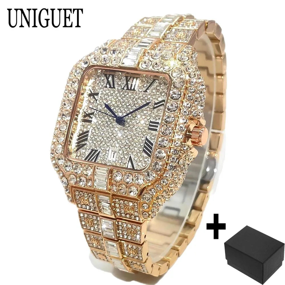 Mode chaude glacé montres hommes marque de luxe MISSFOX carré montres à Quartz Unique Hip Hop plein diamant montre-bracelet homme cadeaux