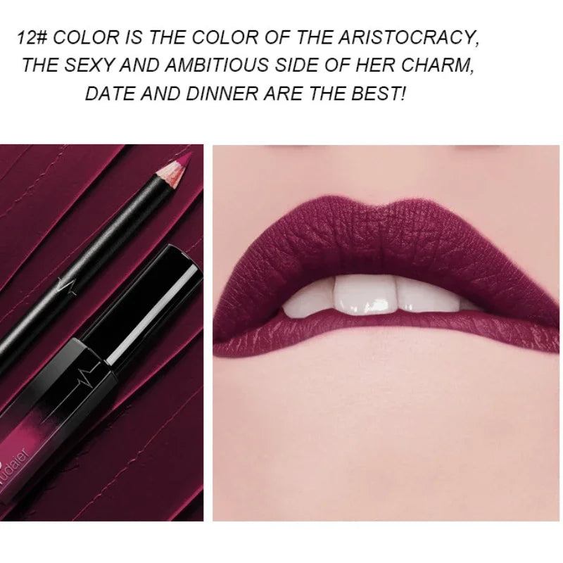 Set 2-en-1 rouge à lèvres mat velours – Crayon contour intégré | Tenue longue durée et waterproof | Gloss liquide et crayon pour un maquillage lèvres précis et élégant