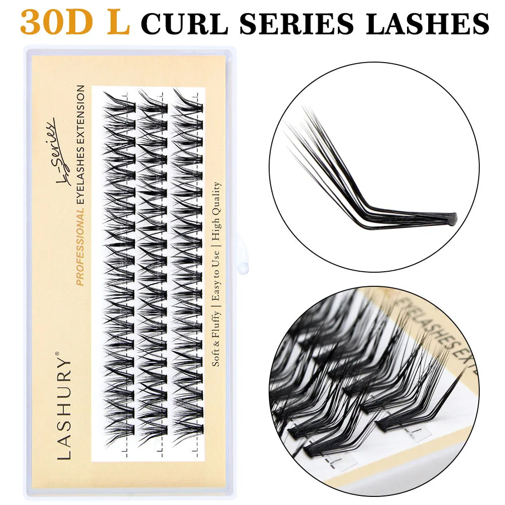 60 pcs Extensions de cils en grappes 30D – Courbure C/D/L, effet Foxy Eyes style Cat Look, cils individuels naturels en bouquets – Outil de maquillage