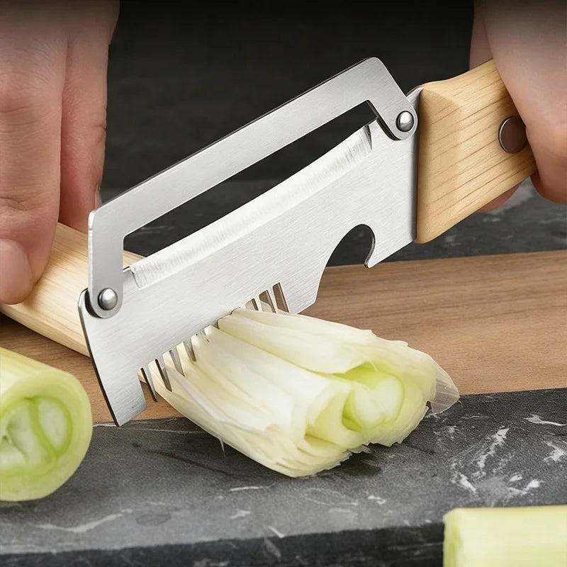 3-in-1 Stainless Steel Vegetable Peeler with Wooden Handle – Fruit & Potato Peeler with Built-In Bottle Opener