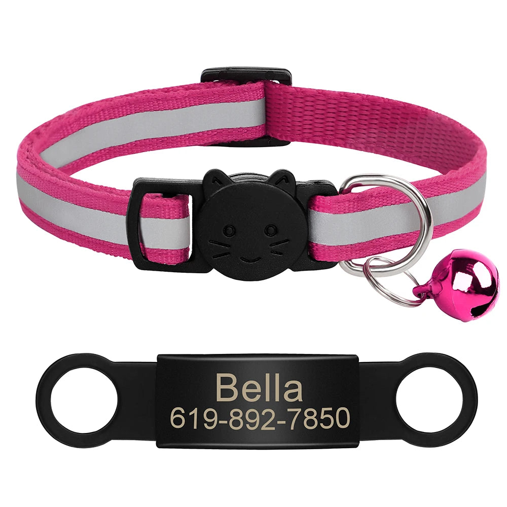 Personalized Reflective Cat Collar with Engraved ID Tag & Bell