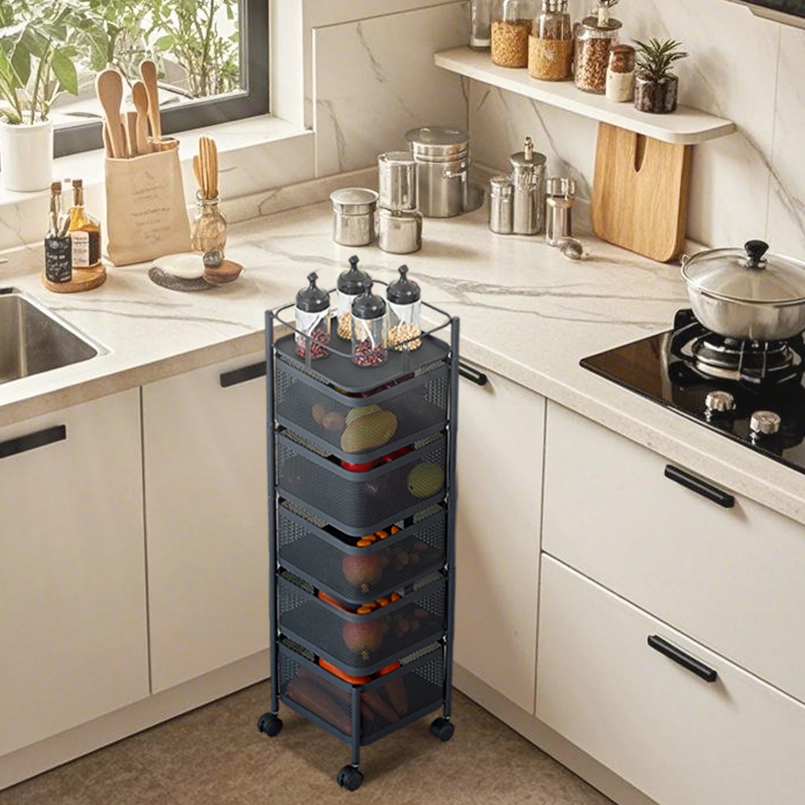 5-Tier Rotating Storage Rack with Wheels – Rolling Kitchen Organizer Basket Shelf