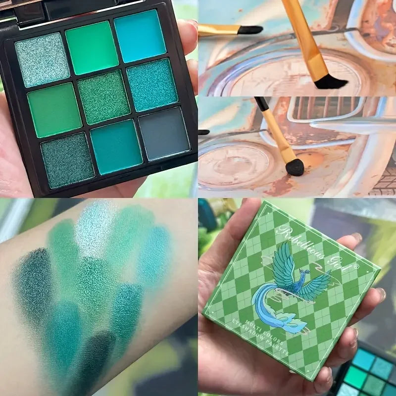Palette fards à paupières 9 couleurs vertes, pinceau double embout, effets scintillants et naturels, mini palette maquillage yeux