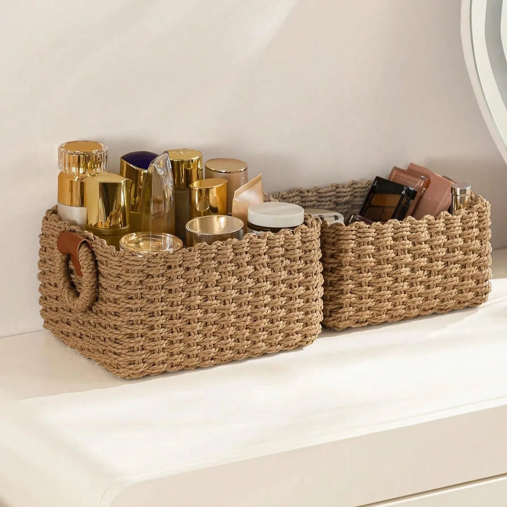 3PCS Woven Storage Basket Set – Decorative Rope Organizer Baskets with Handles