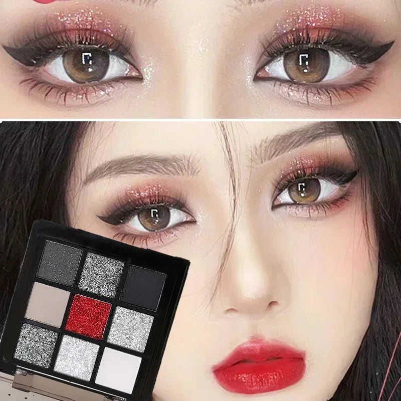 Palette de 9 fards à paupières fumés noir et rouge, effet frais et lumineux, maquillage longue tenue, fards à paupières pailletés foncés pressés.