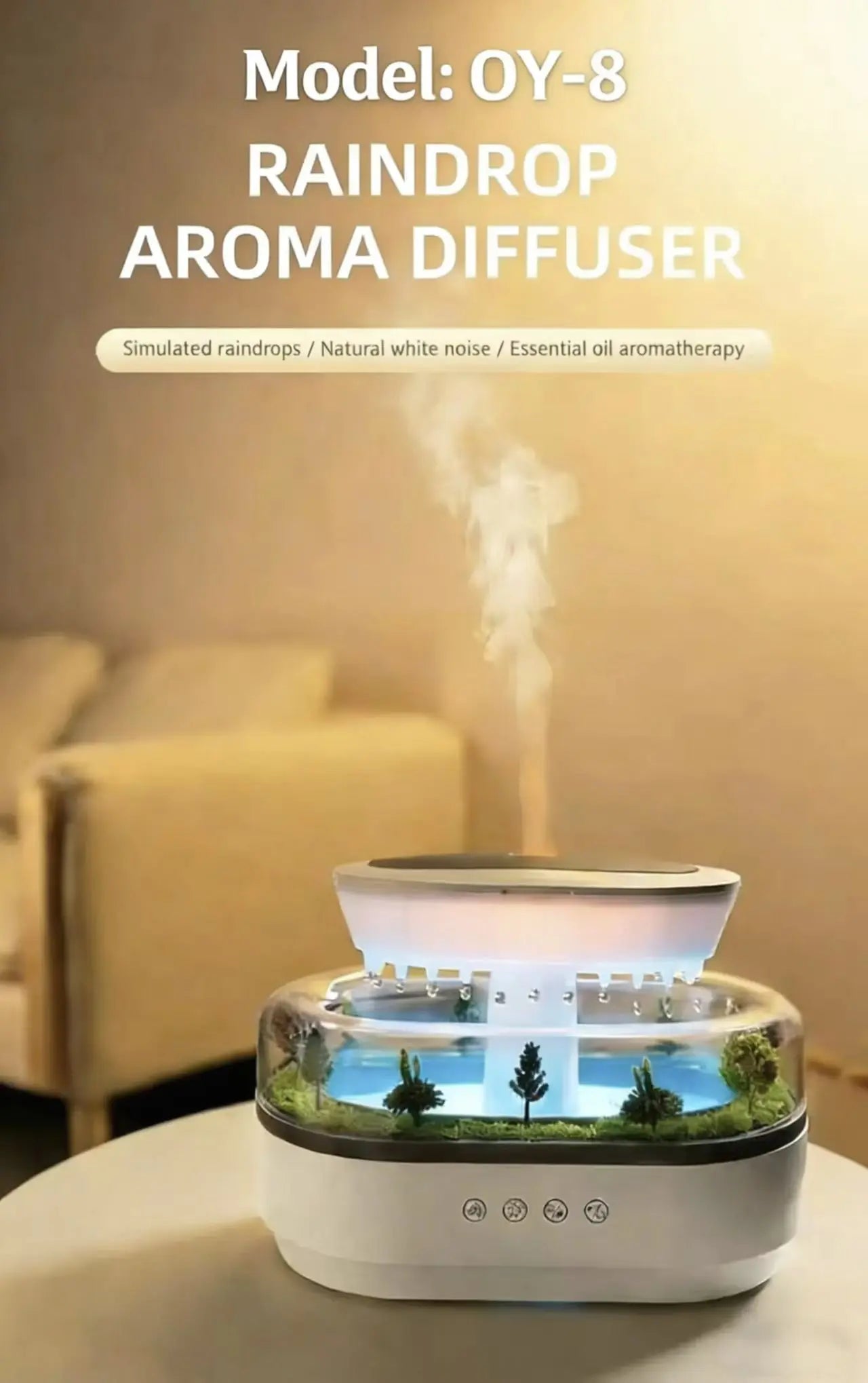Raindrop Aroma Diffuser – Ultrasonic Humidifier with White Noise & Colorful LED Lights