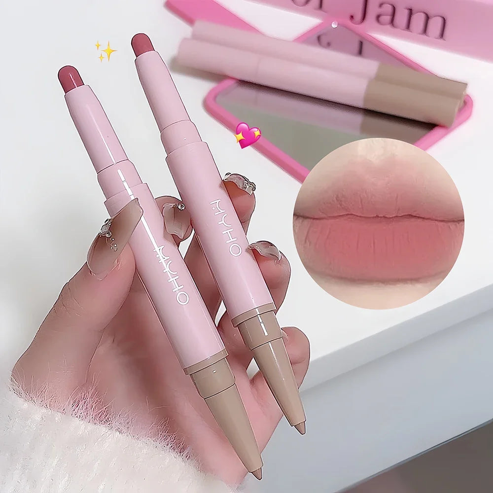 Crayon à Lèvres Double-Embout Mat – Waterproof, Velours, Nude et Rose, Rouge Sexy et Marron, Pigments Intenses, Longue Tenue