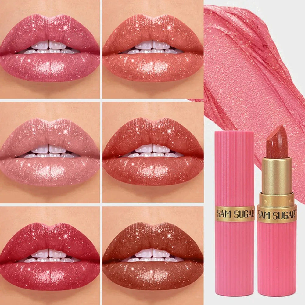 Rouge à lèvres nude-rose métallique luxueux – Effet pailleté et scintillant | Tenue longue durée et waterproof | Non décolorant | Gloss nacré marron pour maquillage glamour des lèvres