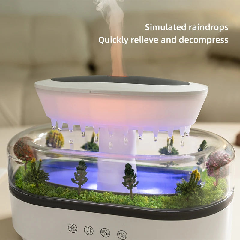 Raindrop Aroma Diffuser – Ultrasonic Humidifier with White Noise & Colorful LED Lights
