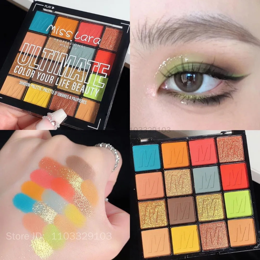 Palette fards à paupières  16 couleurs, été, longue tenue, waterproof, mats et nacrés, scintillant, maquillage yeux femmes