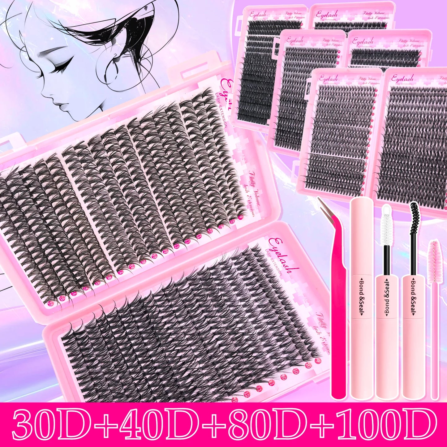 Kit Extension de Cils 720/200 pcs Fluffy Avec Colle, Scellant, Pinces et Clusters Épais Wispy