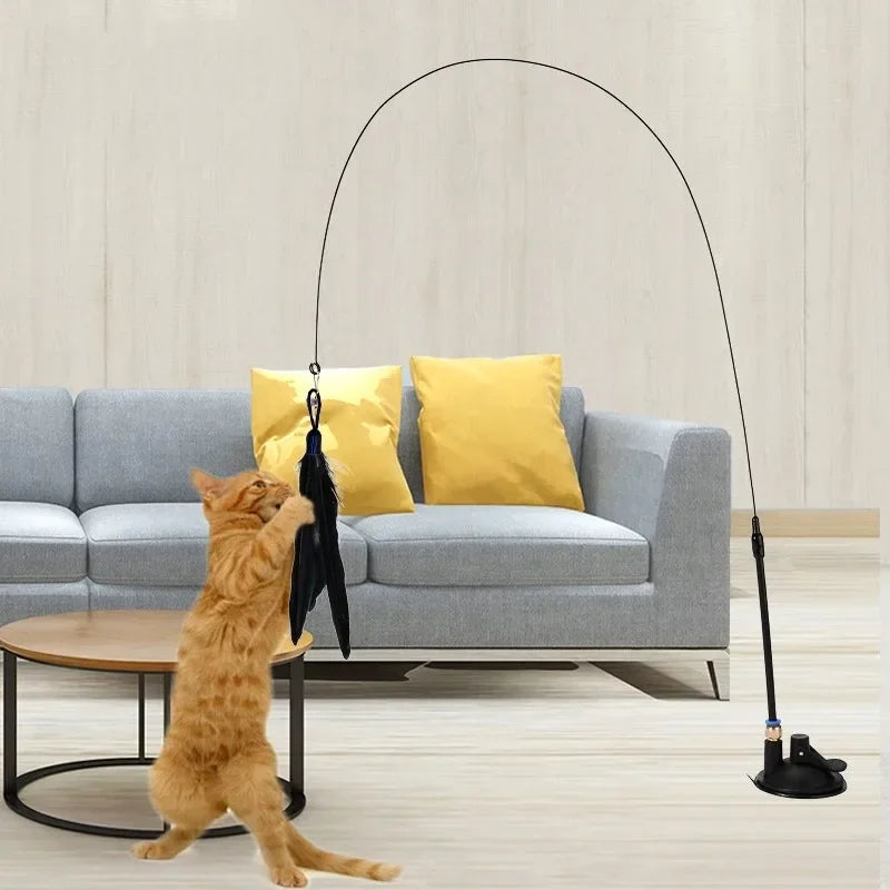 Interactive Suction Cup Feather Cat Wand Toy with Bell