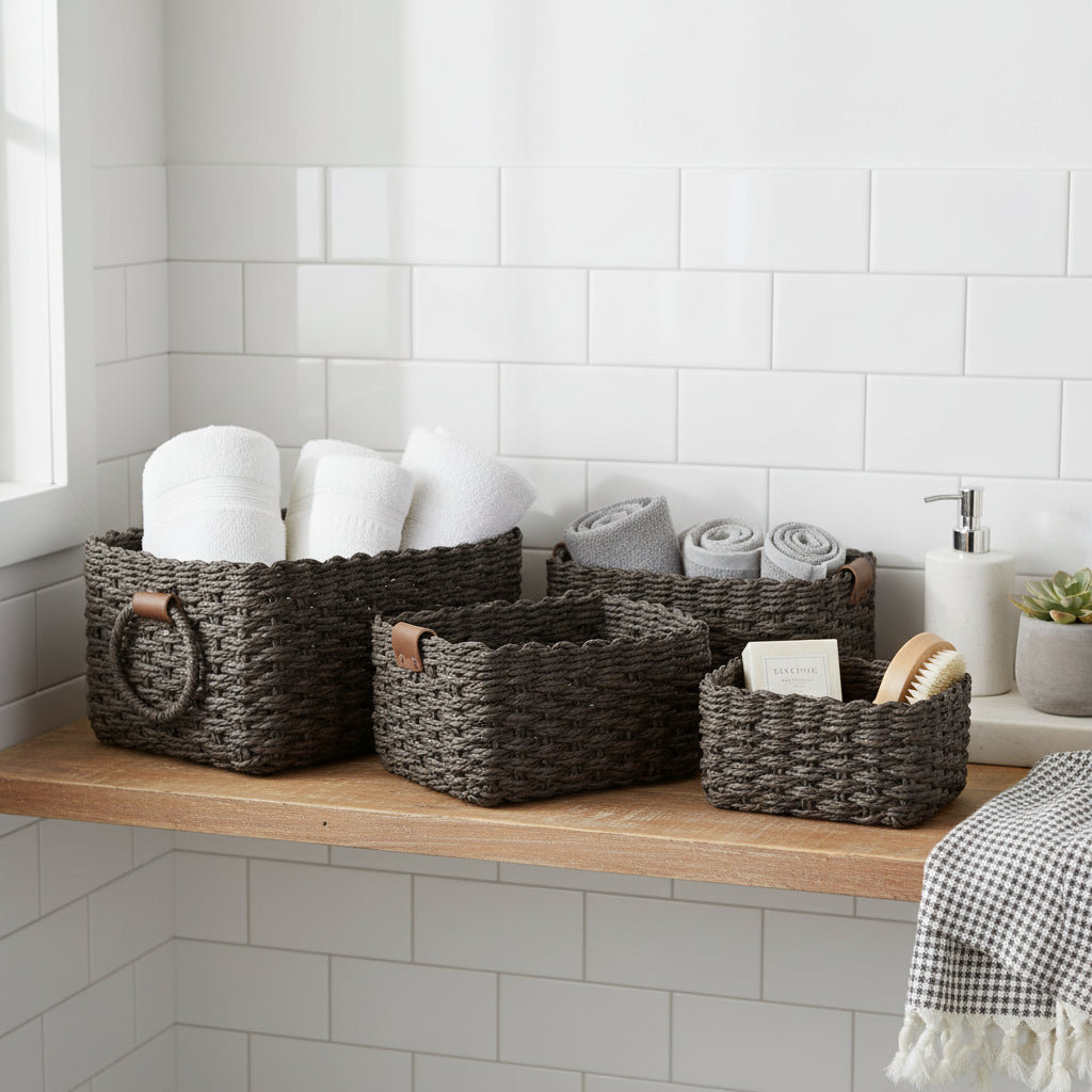 3PCS Woven Storage Basket Set – Decorative Rope Organizer Baskets with Handles
