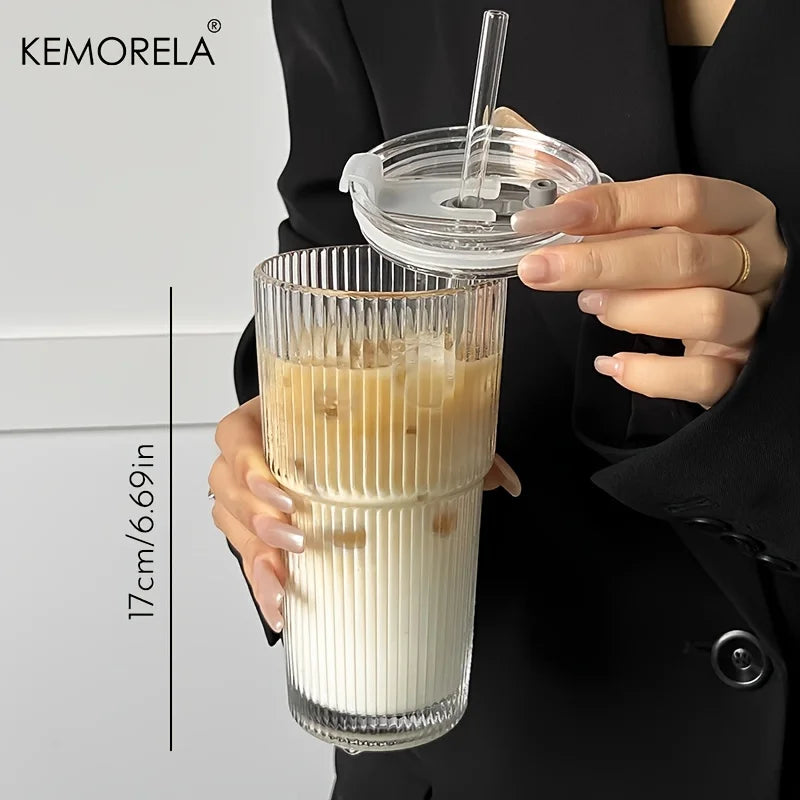 600ml Ribbed Glass Coffee Cup with Lid & Straw – Transparent Tumbler for Iced Coffee, Juice & Cold Drinks