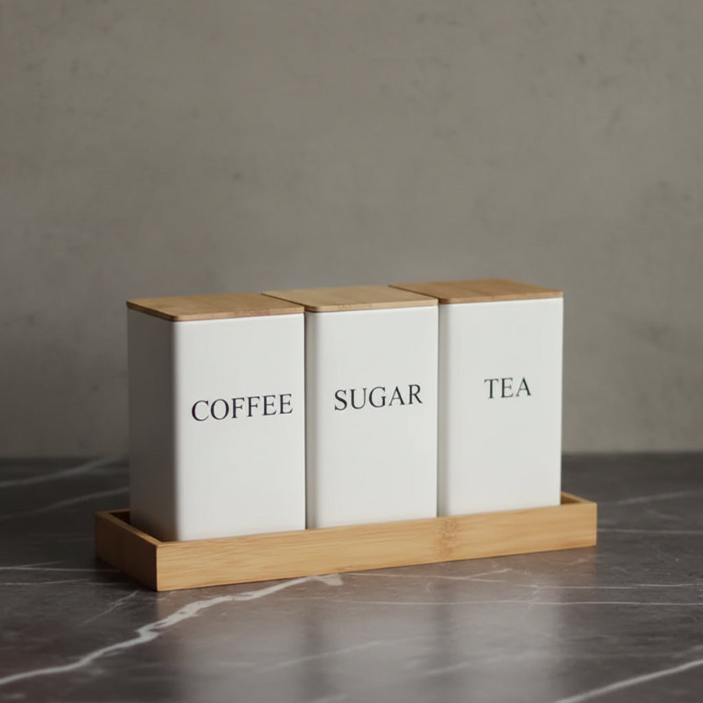Coffee Bean Storage Jar with Bamboo Lid – Metal Tea & Sugar Container