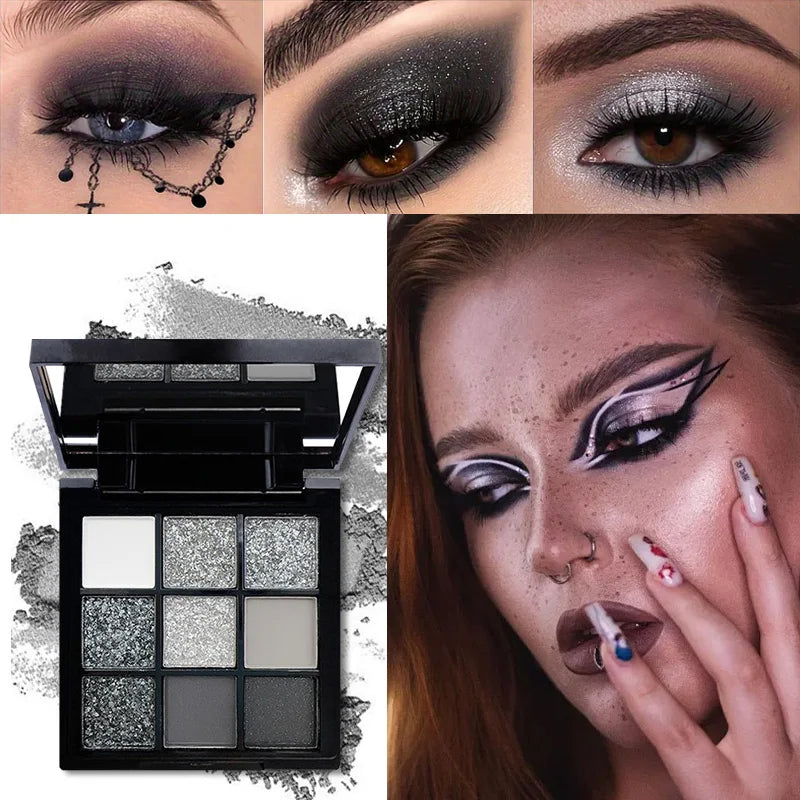 **« Palette fards à paupières 9 cases – Rouge et violet, pailleté, nacré et mat, longue tenue »**