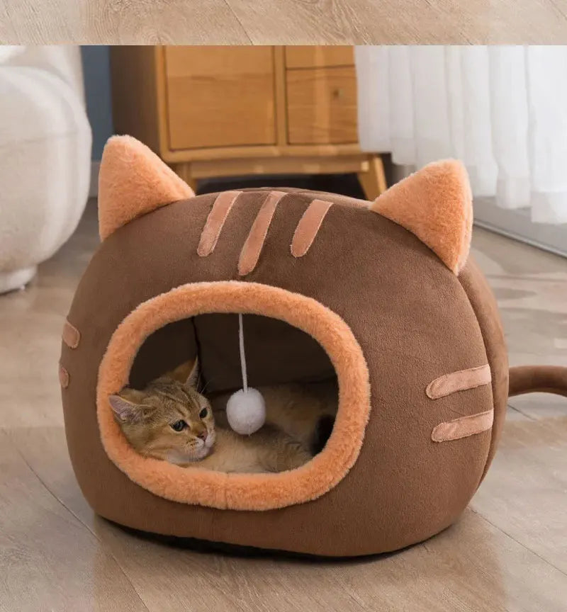 Plush Cat Cave Bed – Warm Foldable Pet House with Non-Slip Base