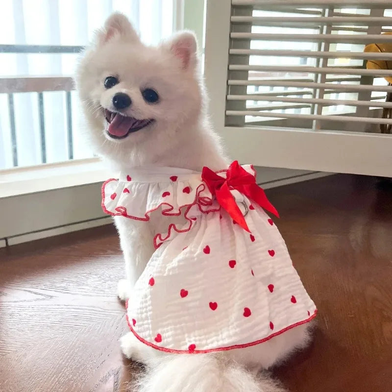 Heart Print Dog Dress with Bow – Cute Summer Princess Outfit for Small Dogs & Cats