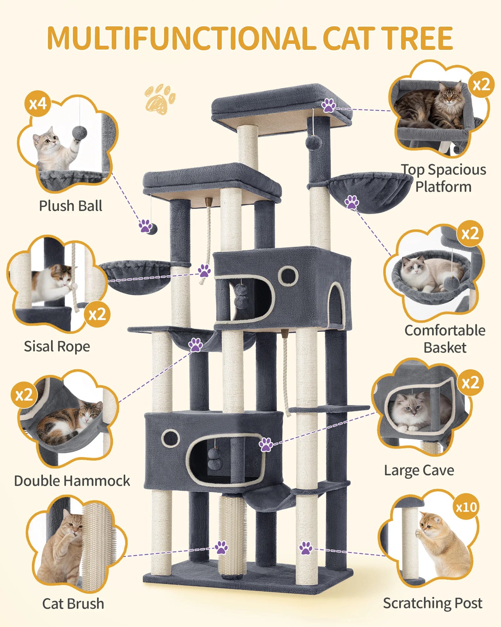 213 cm Extra-Large Cat Tree – Multi-Level Cat Tower with Caves & Platforms