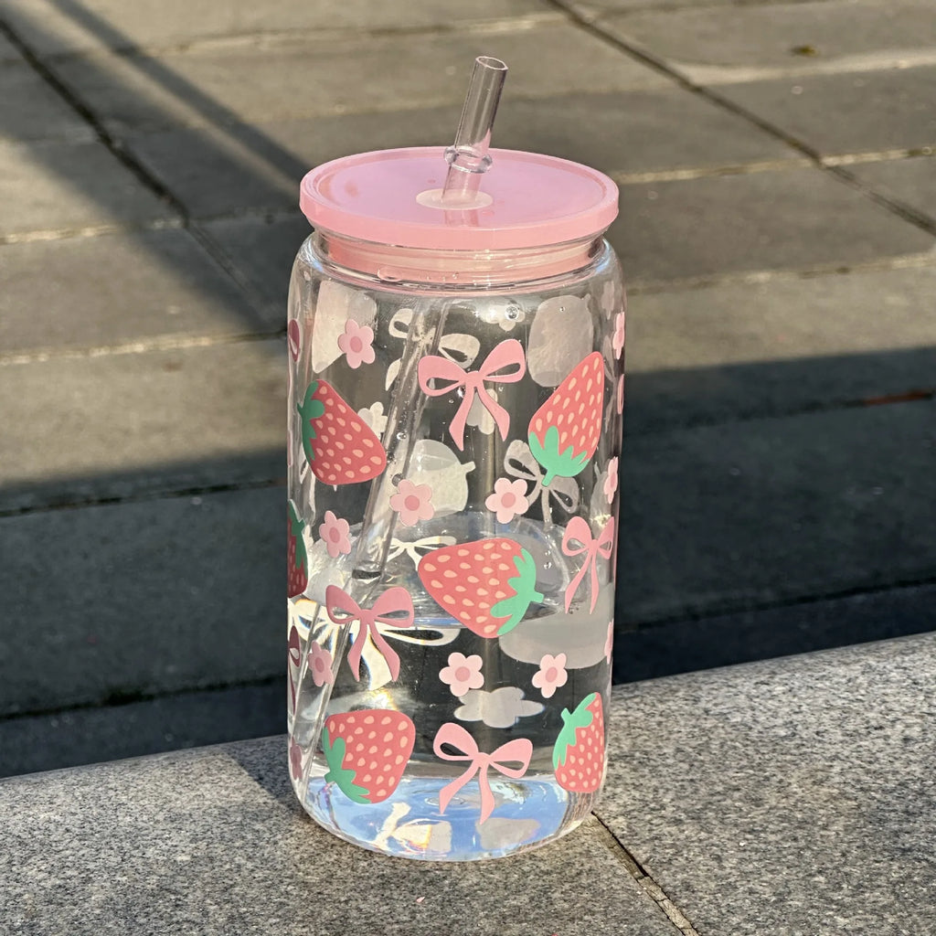 500ml Cute Bow Glass Tumbler with Lid & Straw – Mason Jar Style Cup for Iced Coffee, Juice & Smoothies
