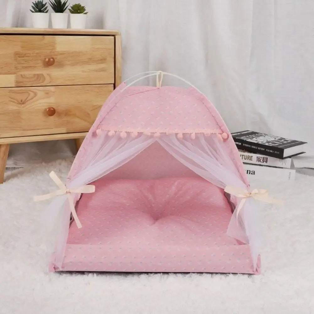 Foldable Princess Pet Bed – Floral Cat & Dog Tent House with Removable Cushion