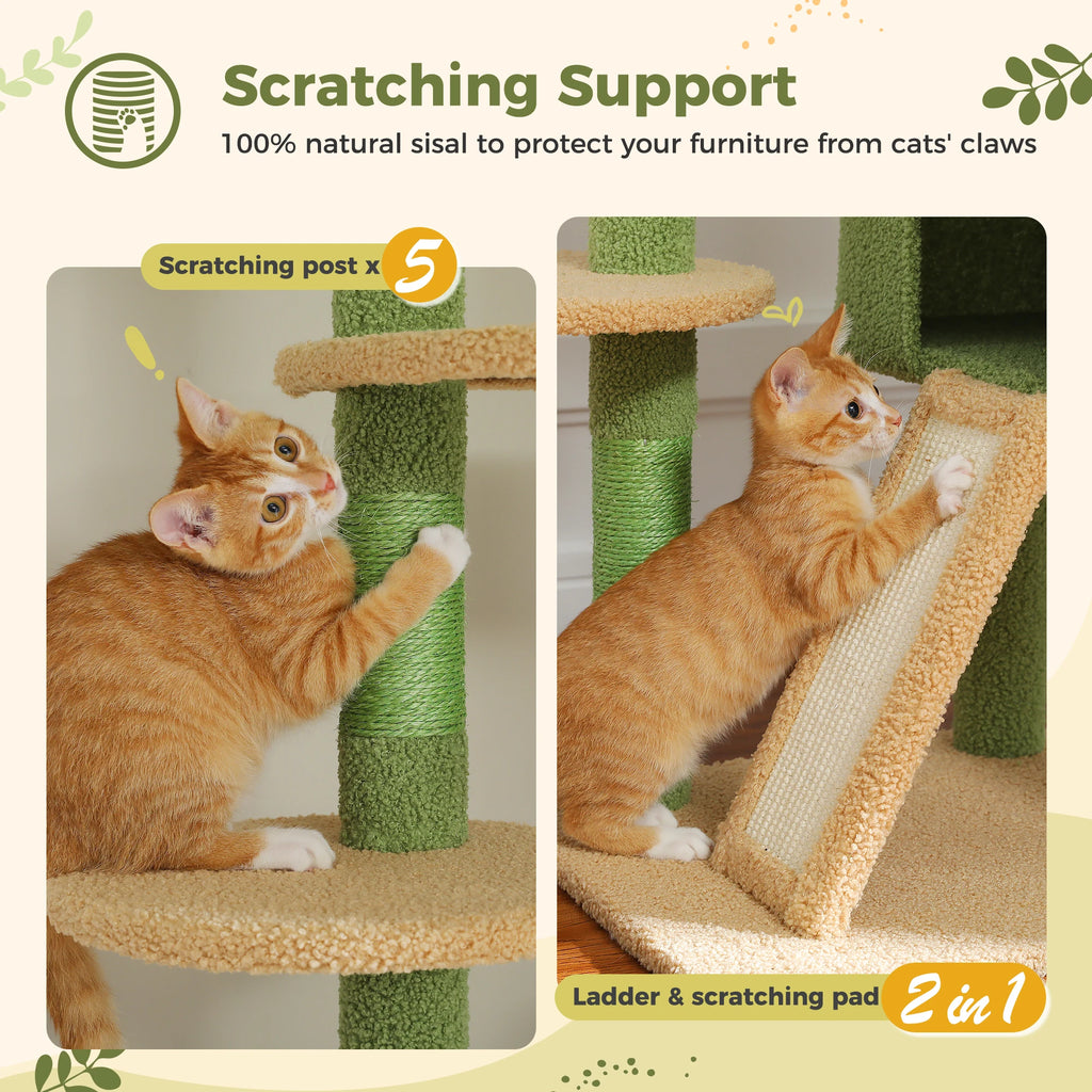Floor-to-Ceiling Adjustable Wooden Cat Tree – Cat Tower with Hammock & Condo