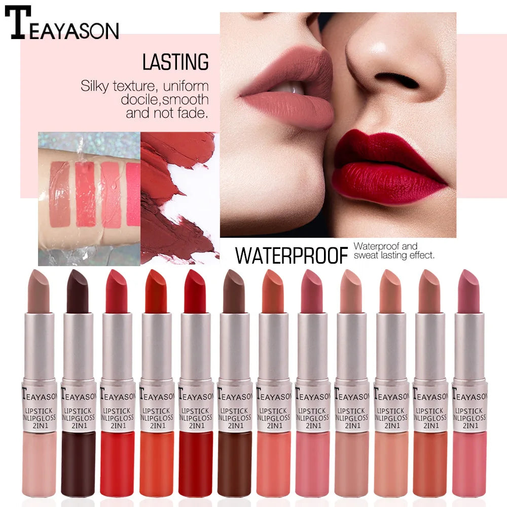 Rouge à lèvres 2 en 1 rose mat et brillant waterproof longue tenue hydratant