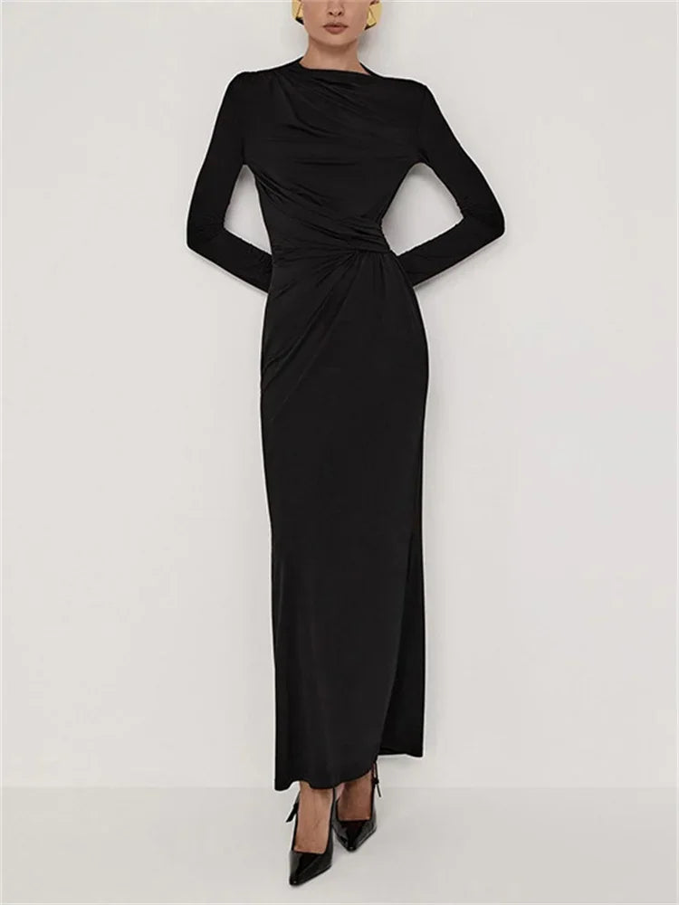 Robe Maxi Plissée Slim pour Femme – Élégance Automnale
