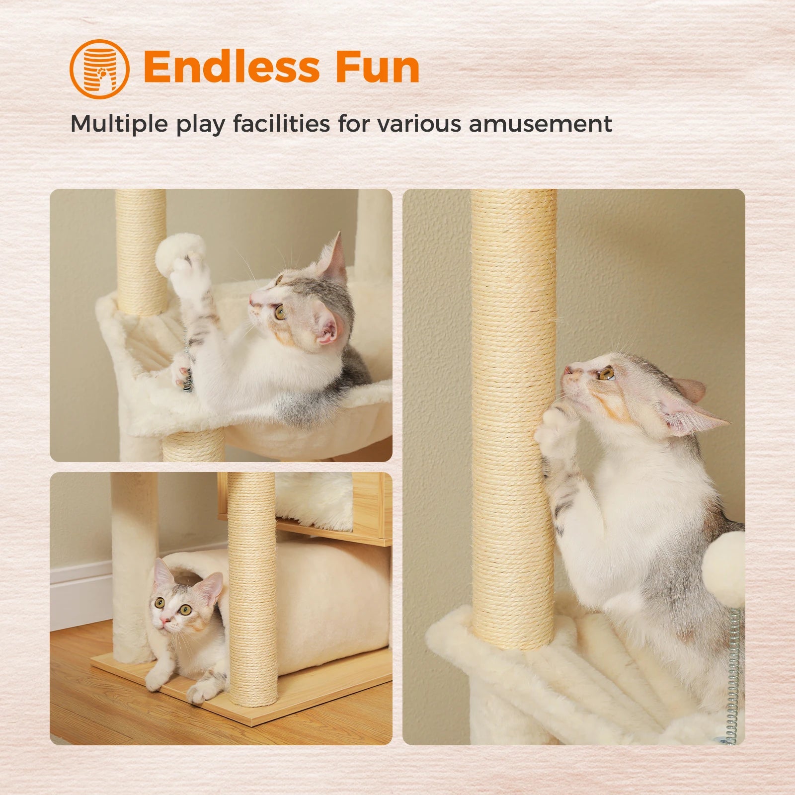 Floor-to-Ceiling Adjustable Wooden Cat Tree – Cat Tower with Hammock & Condo