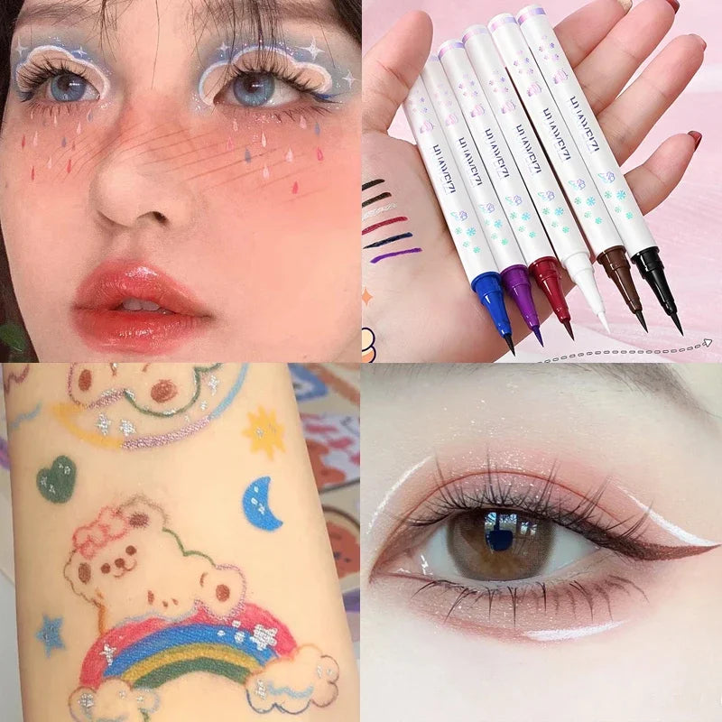 Crayon Eyeliner Liquide 6 Couleurs — waterproof, longue tenue, facile à appliquer, fini mat, couleurs noir, rouge, blanc, bleu, violet et brun