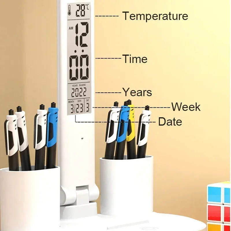 LED Desk Lamp with Clock & Temperature Display – USB Rechargeable Touch Control Reading Light