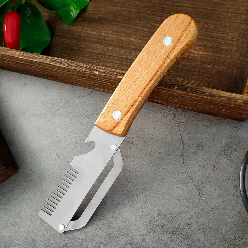 3-in-1 Stainless Steel Vegetable Peeler with Wooden Handle – Fruit & Potato Peeler with Built-In Bottle Opener