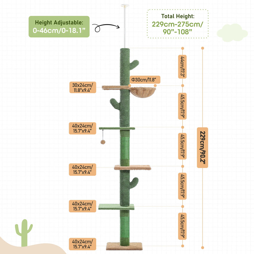 5-Tier Floor-to-Ceiling Cactus Cat Tree – Cat Tower with Hammock & Scratching Posts