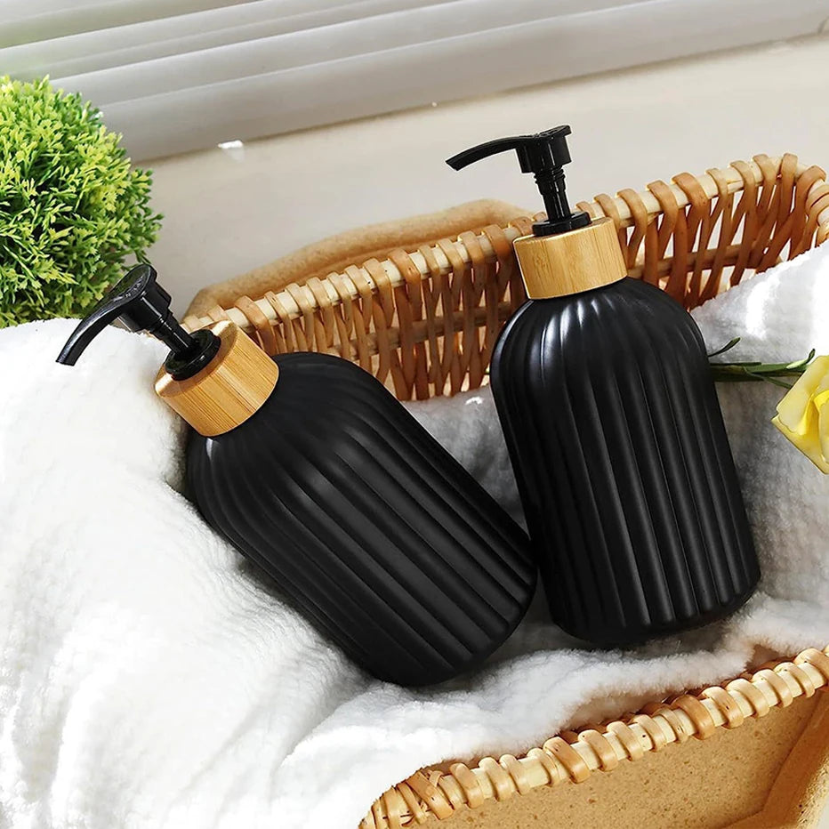 Striped Soap Dispenser with Bamboo Pump – Refillable Kitchen & Bathroom Bottle