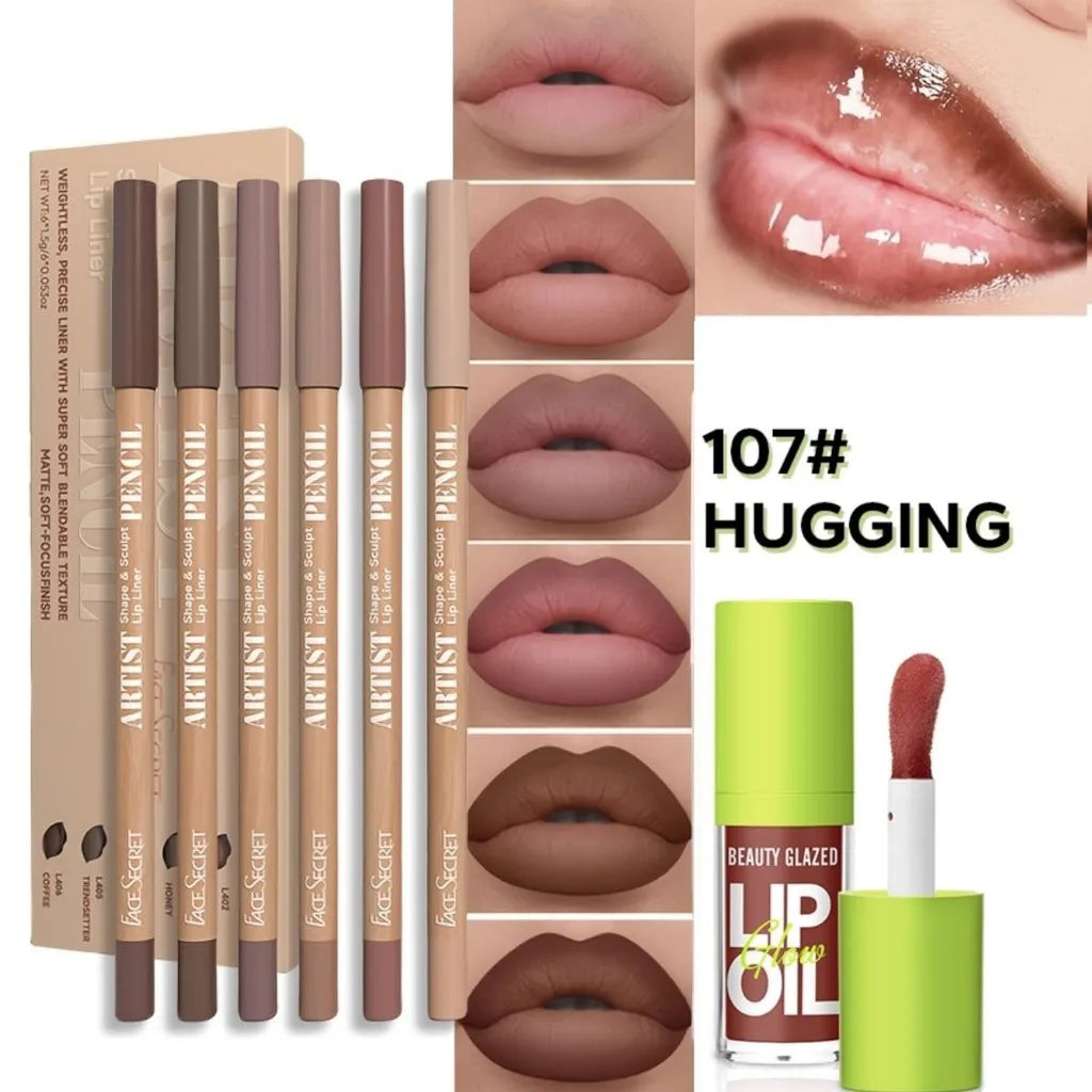 Set 6 Pièces – Crayons à Lèvres Mat Waterproof + Huile/Lip Essence, Effet Repulpant, Teinte et Soin des Lèvres, Gloss